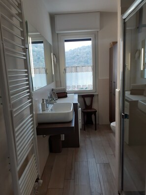 Shower, hair dryer, bidet, towels