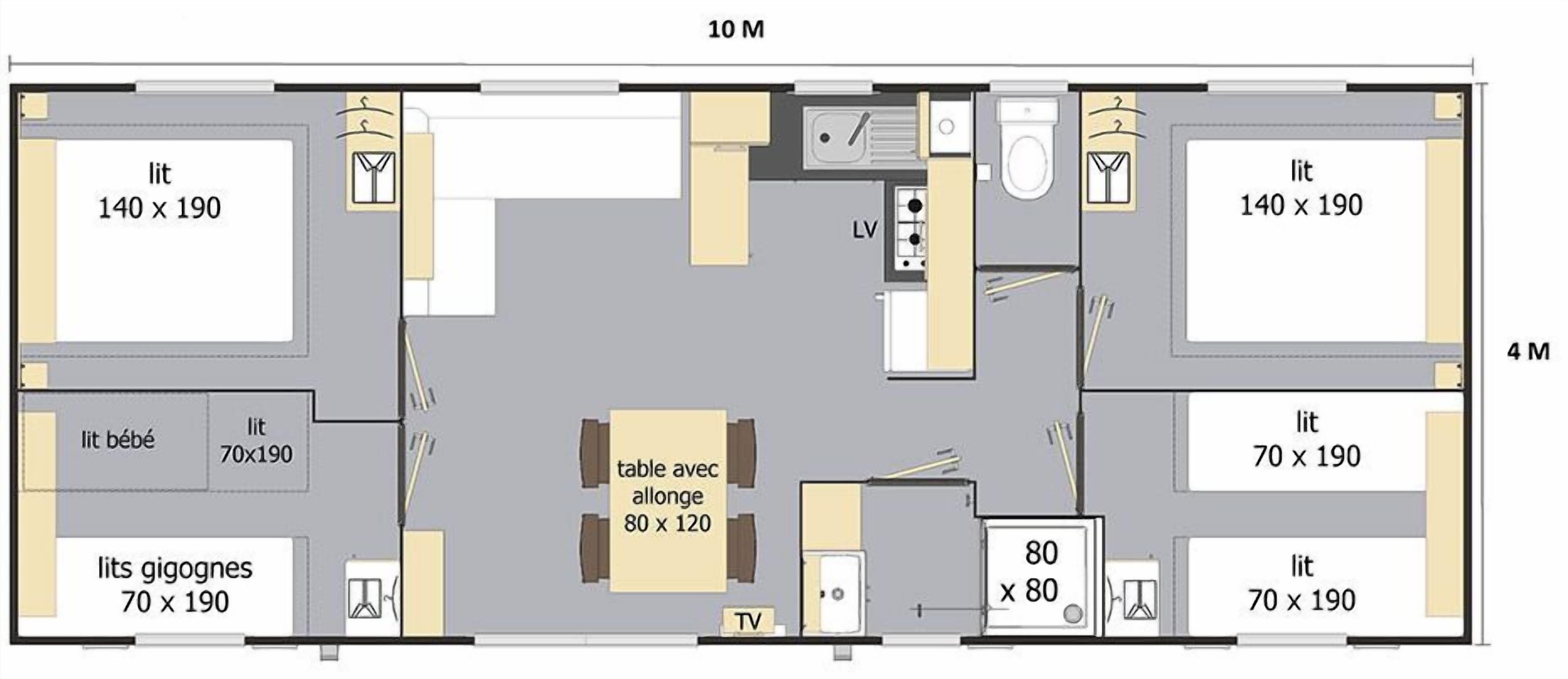 A hotel floor plan with a living room, two bedrooms, a bathroom, and a kitchen.