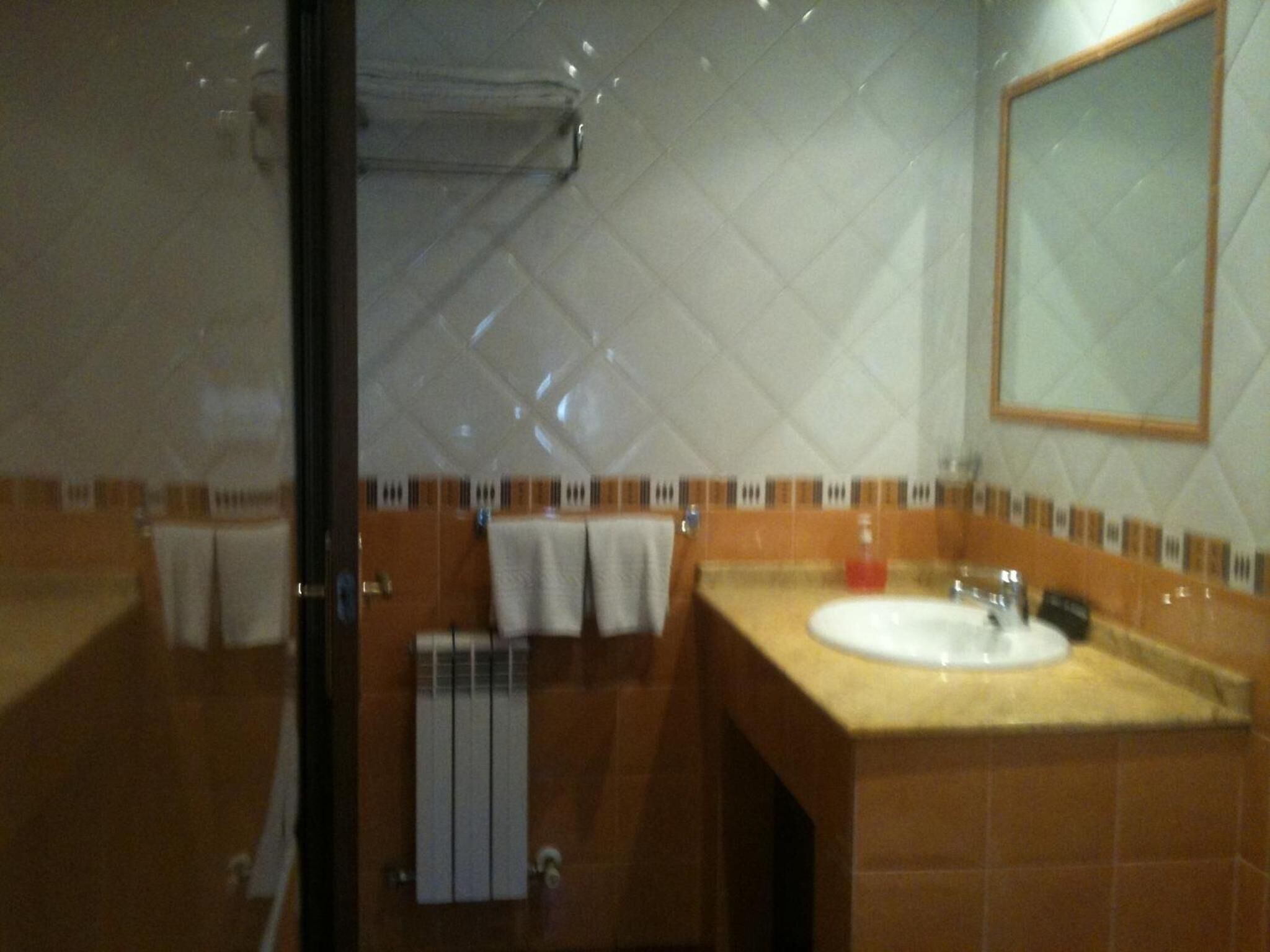 A bathroom with a sink, mirror, and towel rack.