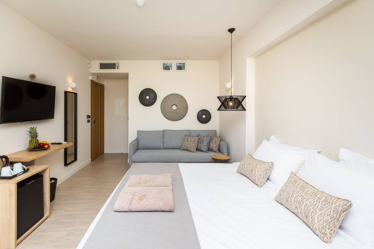 Une chambre d’hôtel moderne équipée d’un canapé, d’un lit, d’une télévision et d’une petite kitchenette.