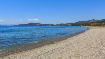 A pebble beach with clear blue water and distant hills.