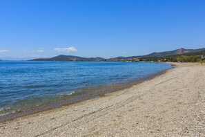 Beach nearby, beach umbrellas, beach towels, motor boating