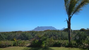 Uma área gramada com uma palmeira e uma cerca em primeiro plano, que dá para uma paisagem montanhosa ao fundo.