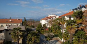 Zona residencial con casas, palmeras y vista al mar.