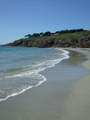 A beach with gentle waves, a clear sky, and a grassy hill with trees and buildings in the background. - 7 Cottages in 100 acres, heated pool. Near Pont Aven, Concarneau, beaches 15km (Bretagne)