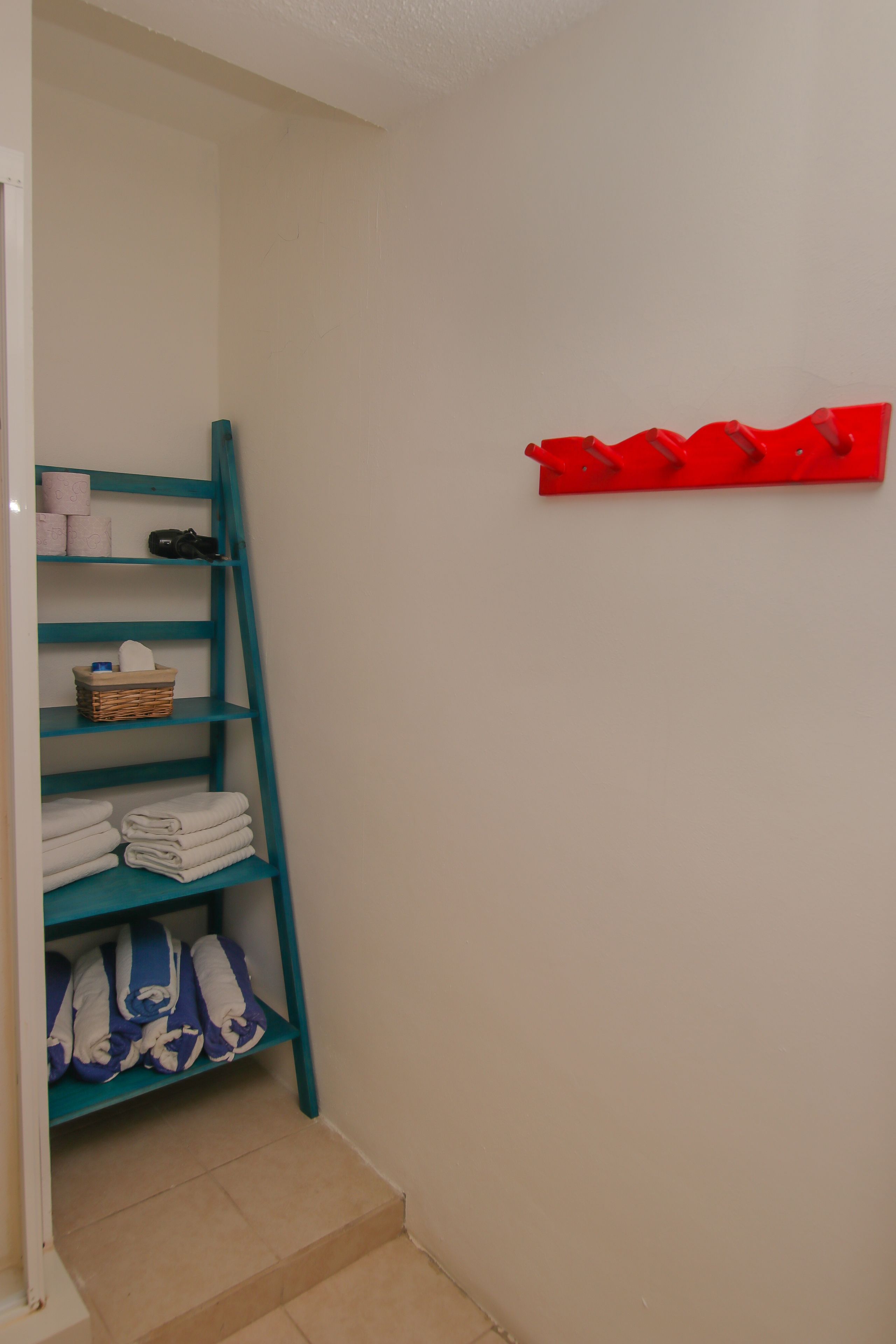 A corner with a teal shelf unit holding towels and toiletries, a red shelf with a hook, and a white door.