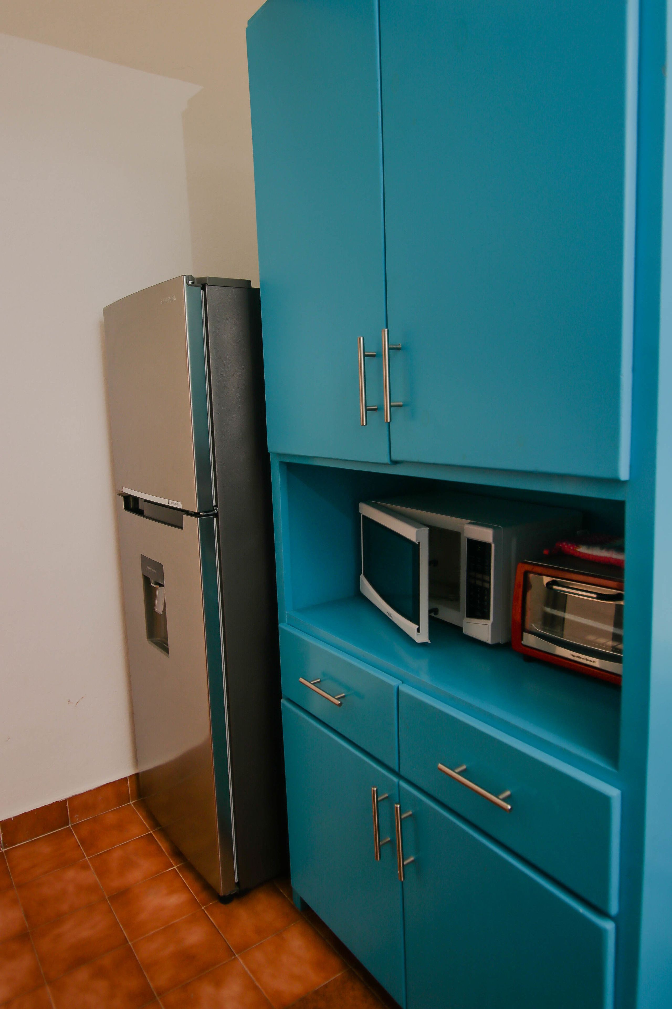 fridge, microwave, high chair