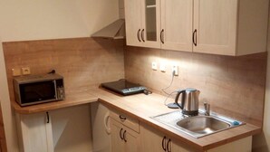 Classic Apartment, Garden View | Private kitchen | Fridge, microwave, stovetop, cookware/dishes/utensils - Apartmán na statku Červený Kostelec (Cerveny Kostelec)