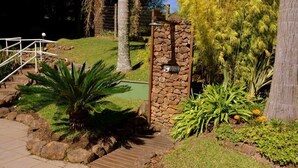 Un jardín ajardinado con muro de piedra, una palmera y un sendero de madera.