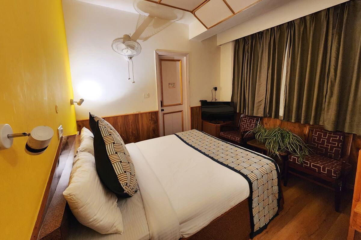 Quarto de hotel com cama, televisão, ventilador, planta e janela com cortinas.