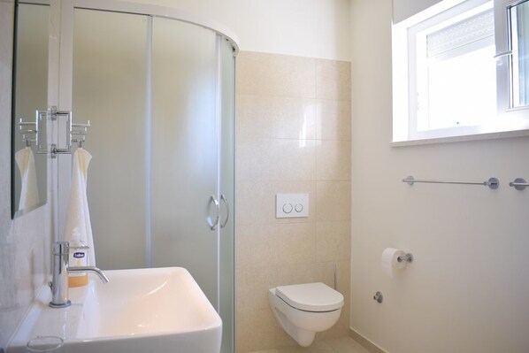 Appartement classique | Salle de bain | Douche, serviettes fournies, savon, shampooing