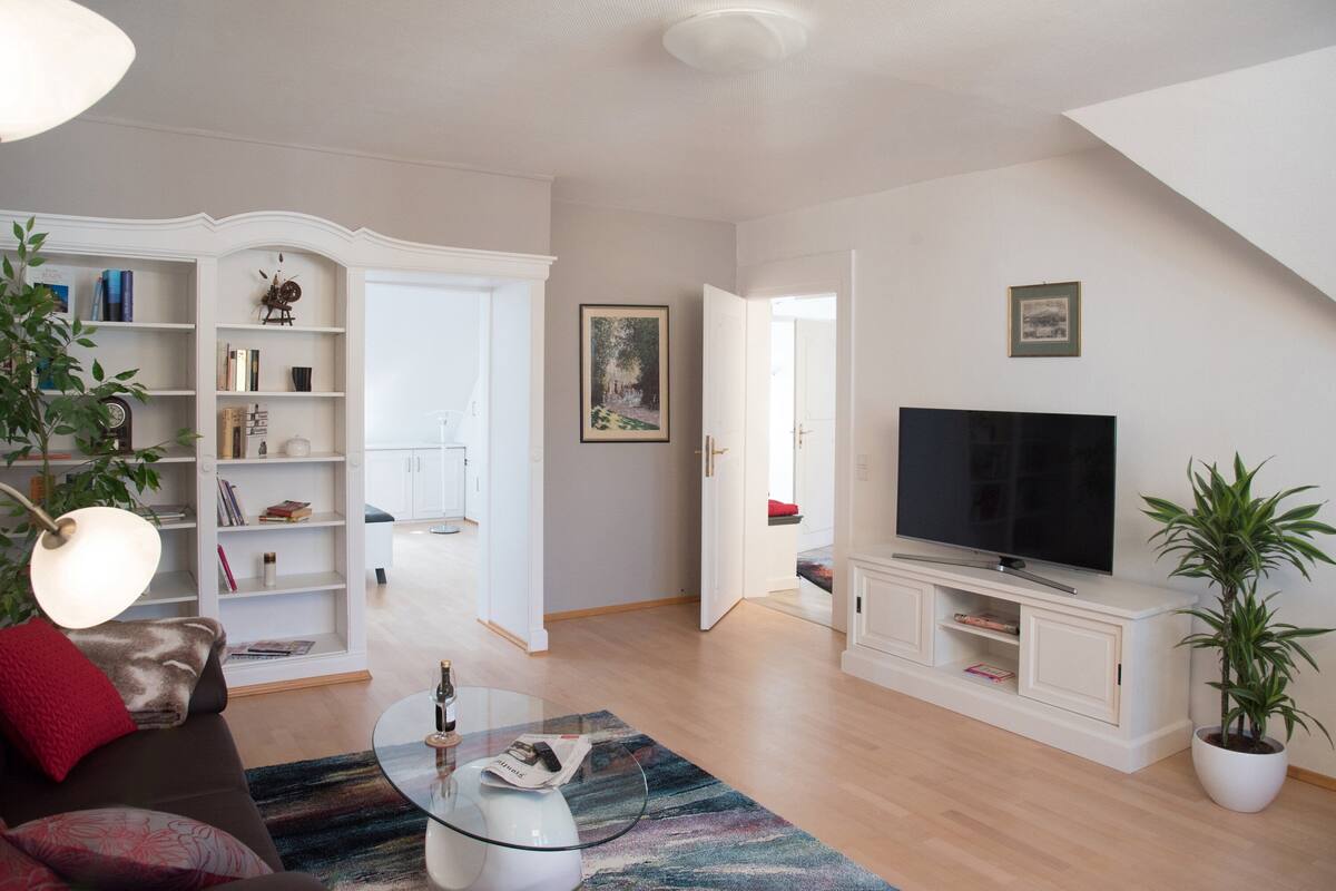 A modern living room with a glass coffee table, a flat-screen TV, a bookshelf, and a potted plant.