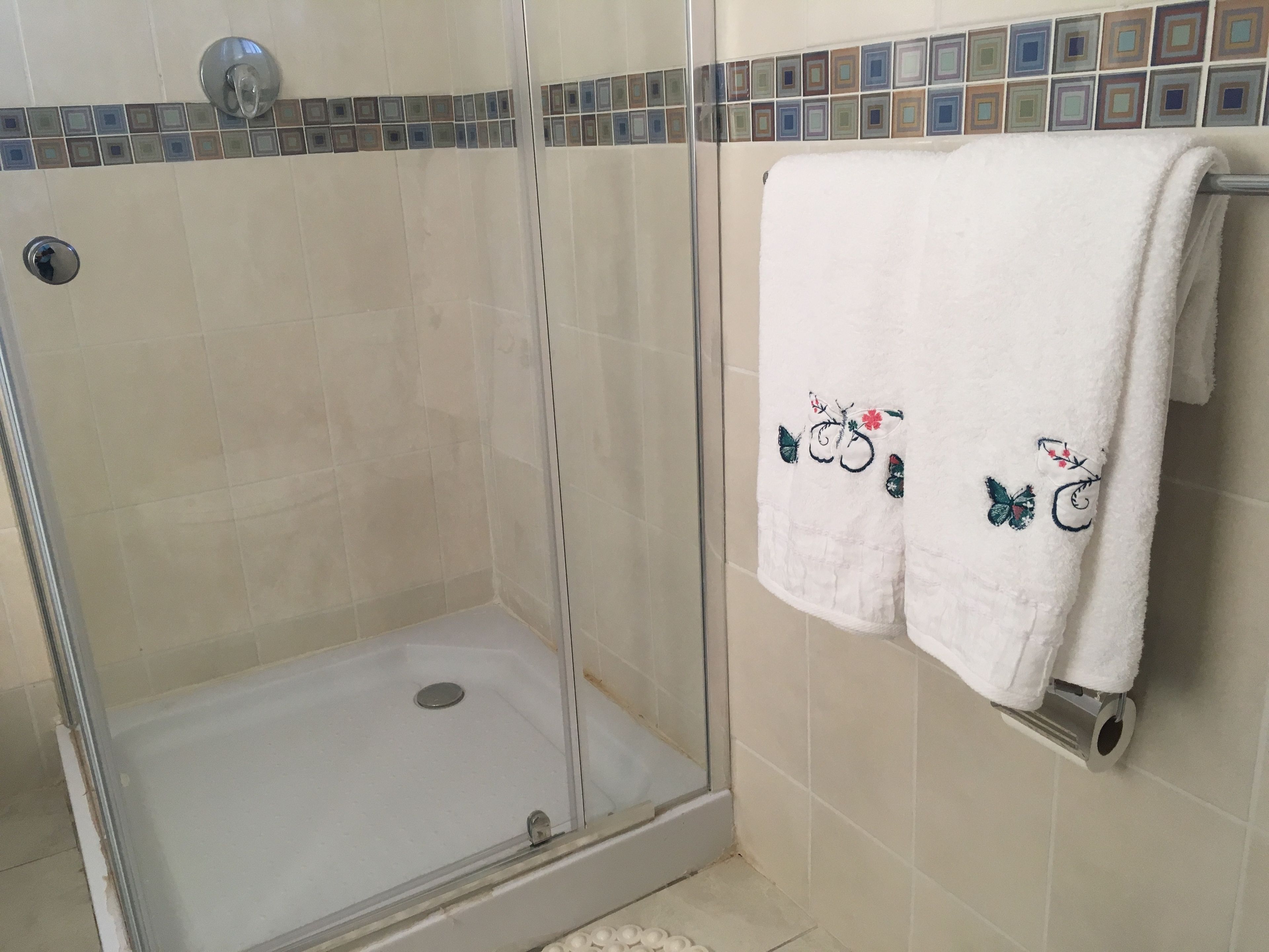 A shower with a glass door, a white towel with floral embroidery, and a tiled wall with a decorative border.