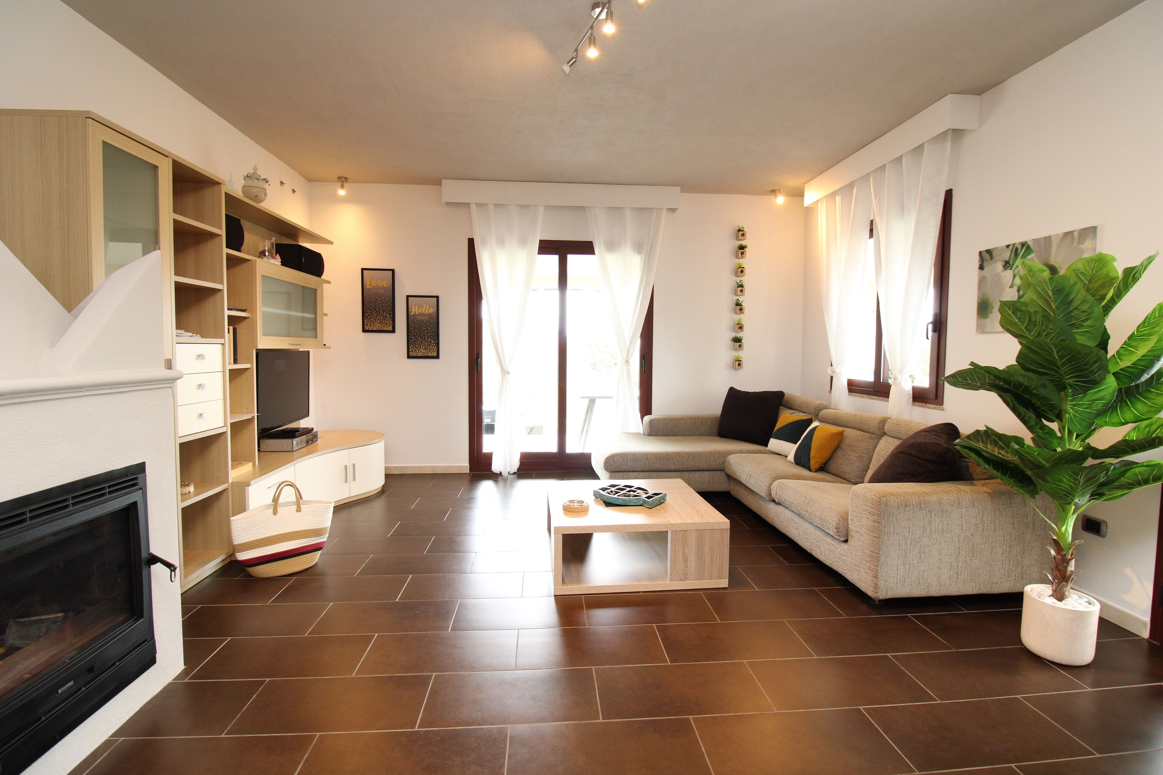 Ein modernes Wohnzimmer mit Kamin, einer Couch, einem Couchtisch und einer großen Pflanze.