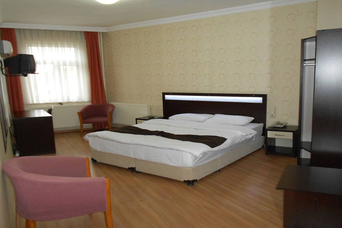 A hotel room with a bed, a desk, a chair, a television, and a radiator.
