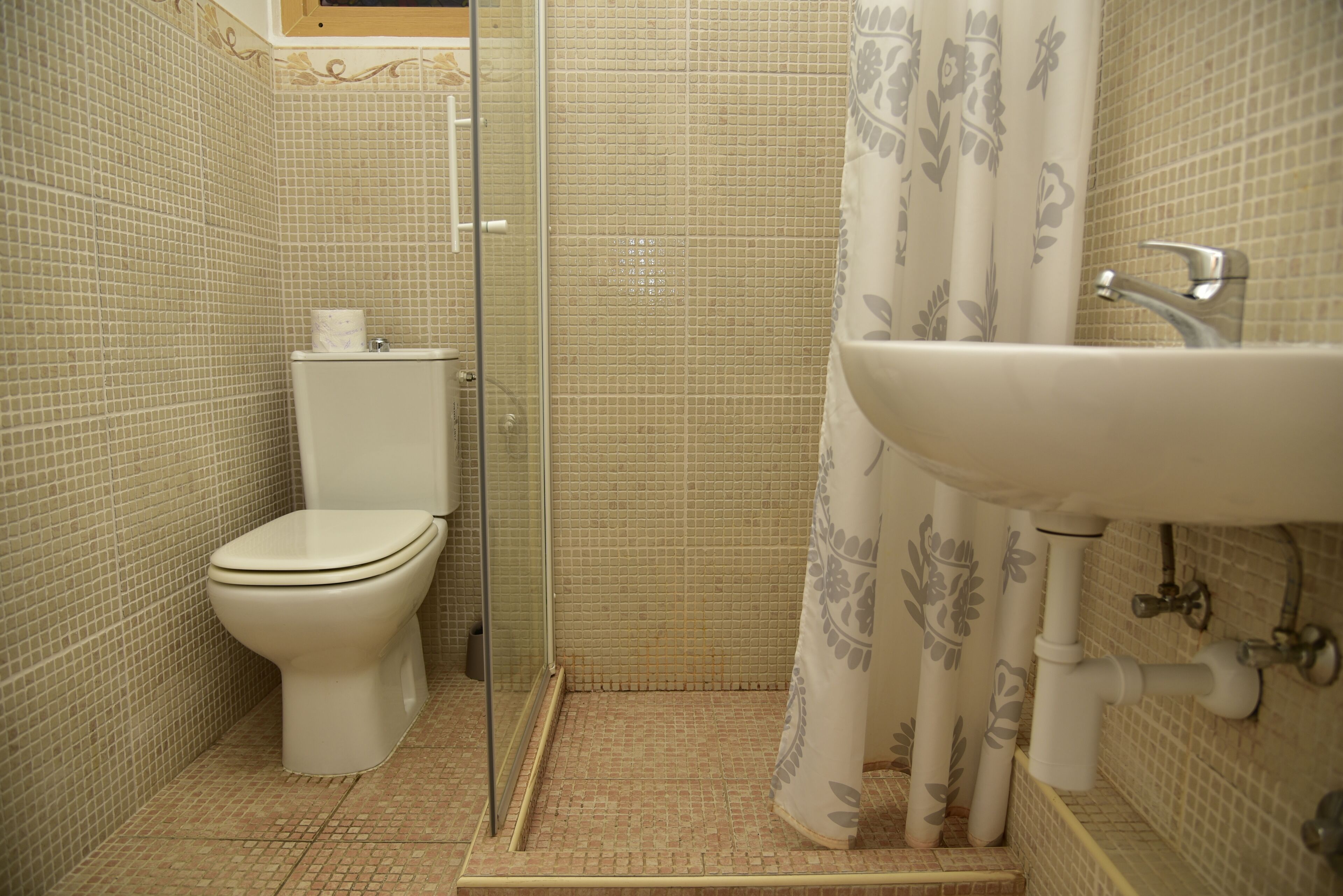 Une salle de bain avec des toilettes, une douche et un lavabo.