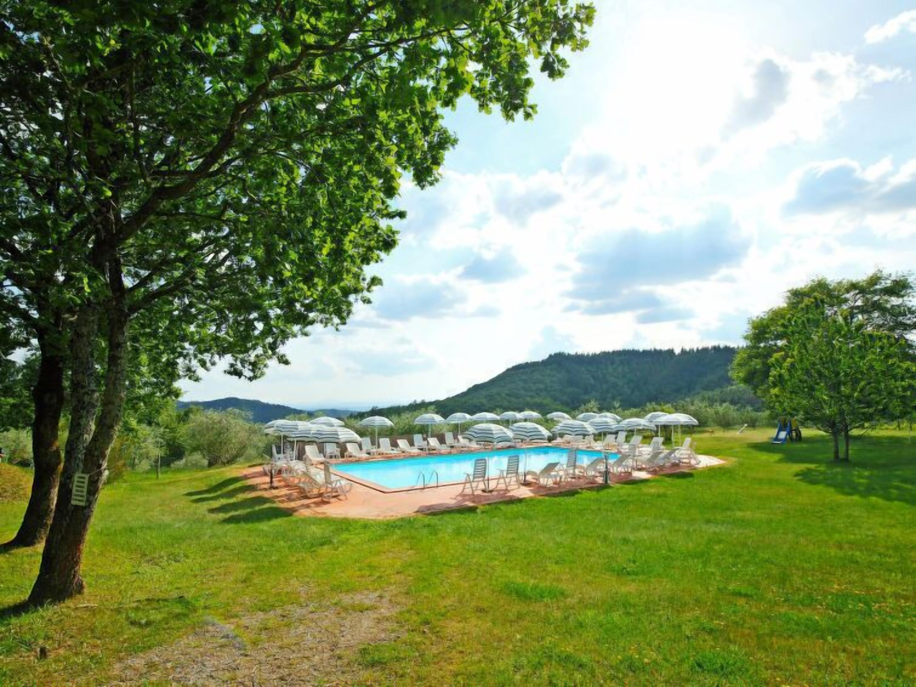 Zona de piscina con sillones de descanso y sombrillas, rodeada de árboles y vistas a colinas.