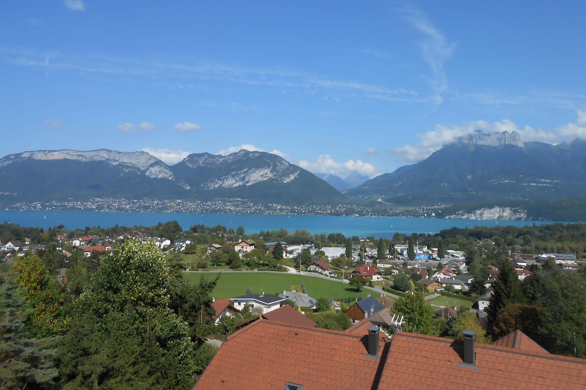 A residential area with houses, a lake, and mountains in the background.
