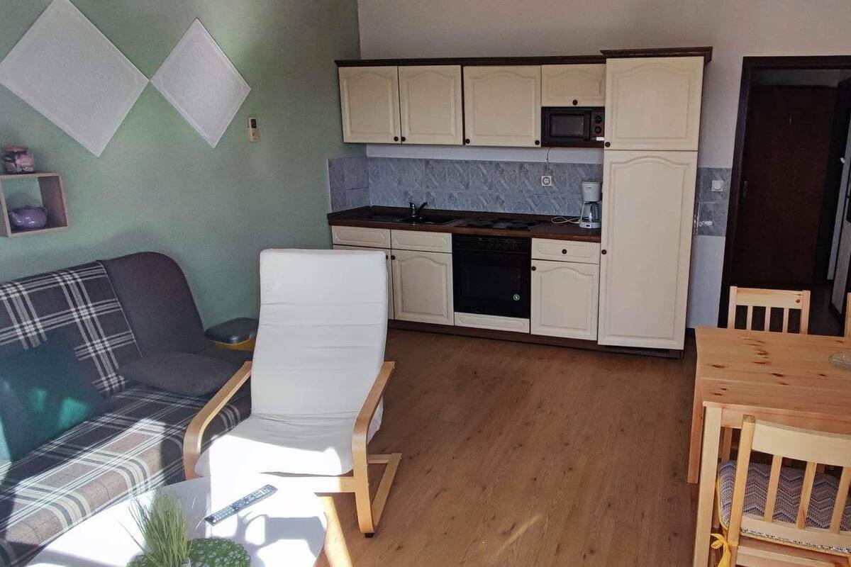 Appartement, vue sur la mer (3) | Cuisine privée | Réfrigérateur, surface de cuisson, bouilloire électrique