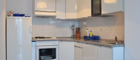 Appartement, 1 chambre (A2) | Cuisine privée | Réfrigérateur, un four, surface de cuisson, bouilloire électrique