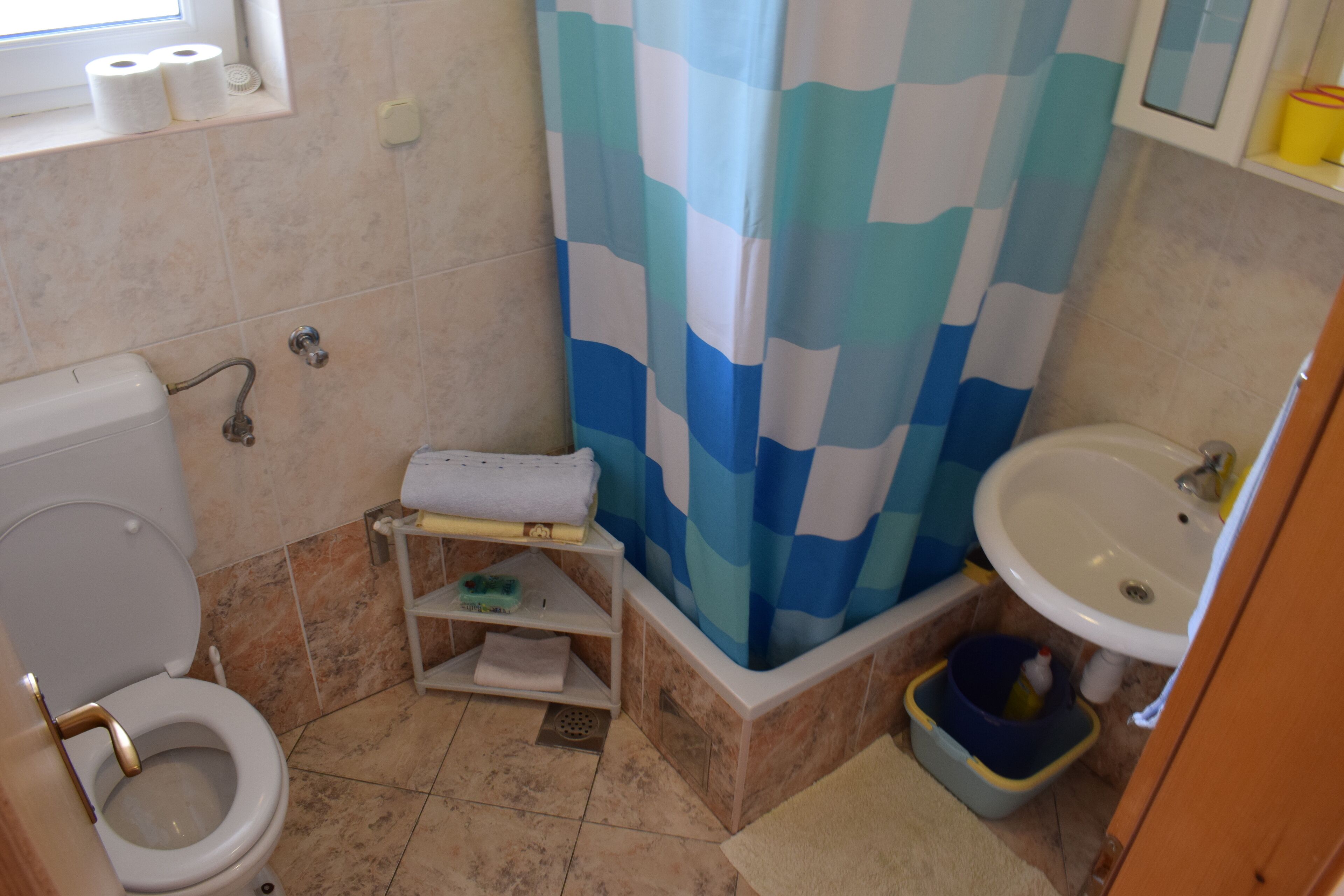 A bathroom with a toilet, a sink, and a shower curtain.