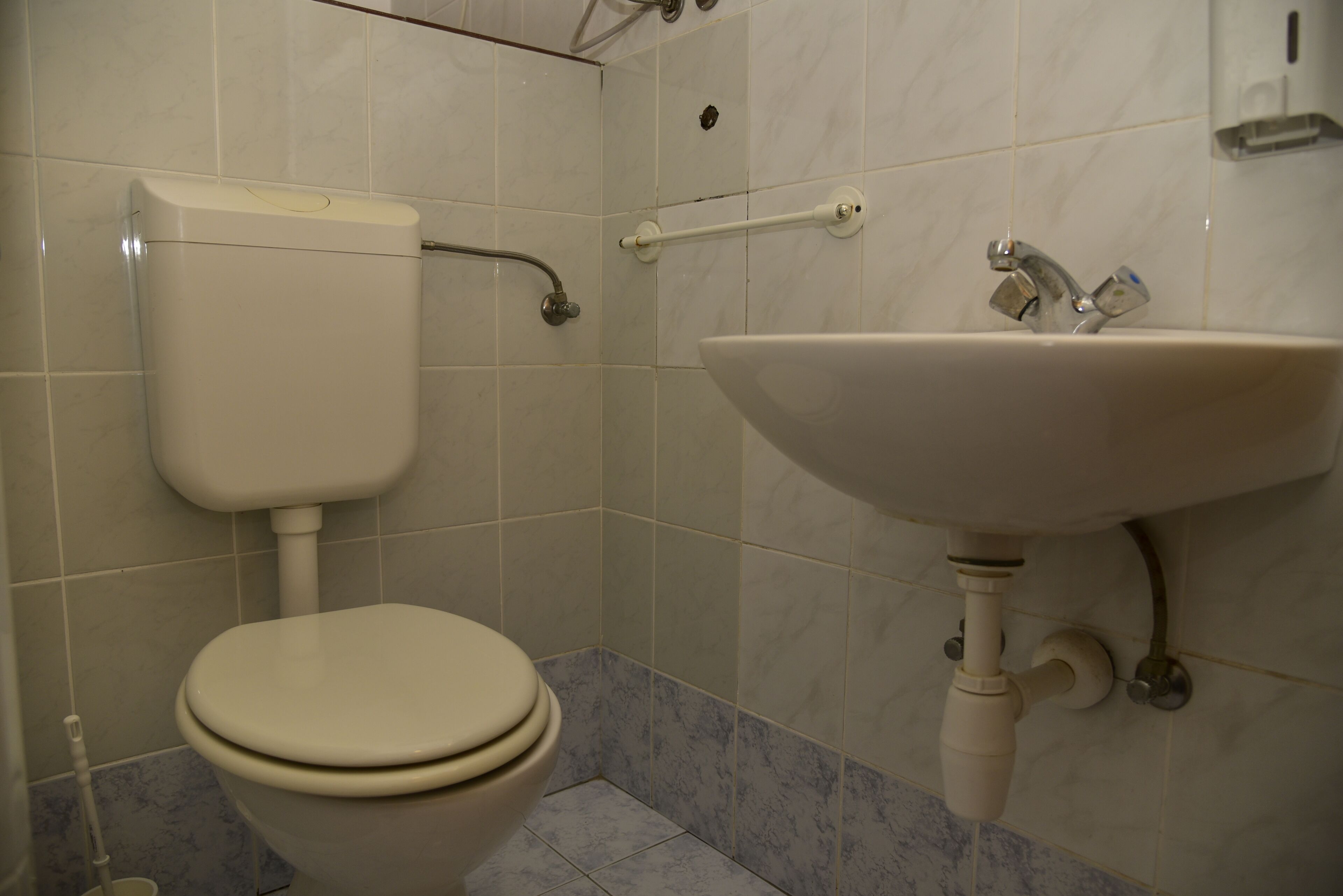 Un bagno con il water, un lavandino e una maniglia di sostegno.