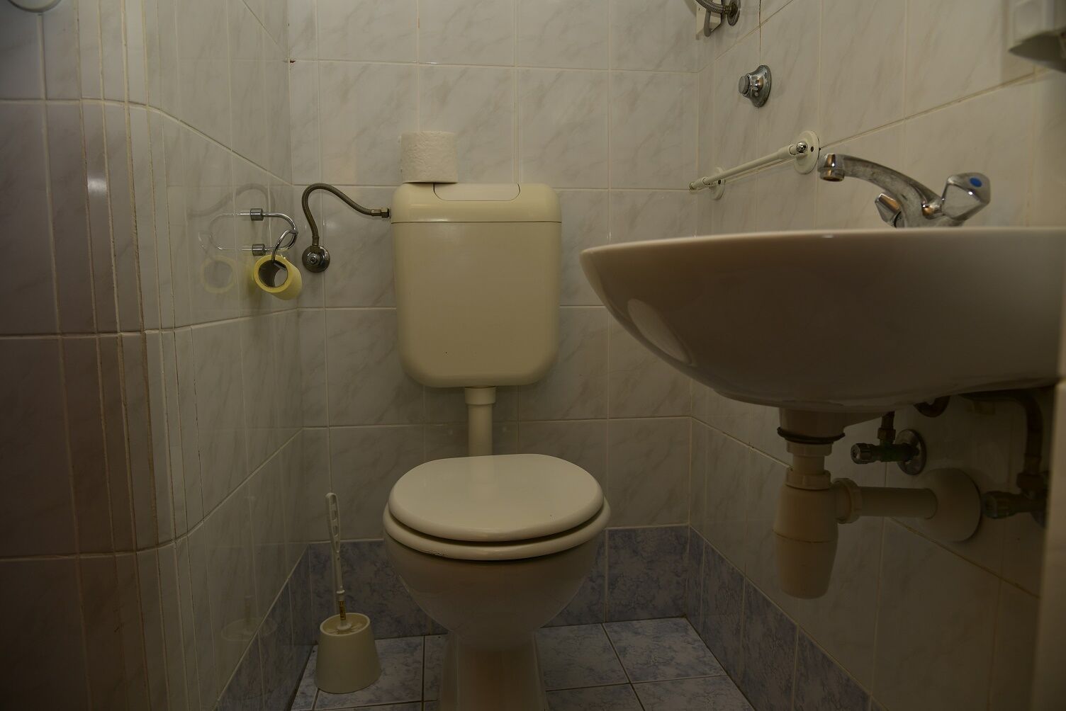 Un baño pequeño con inodoro, lavamanos y dispensador de papel higiénico.