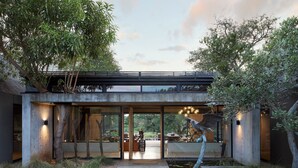 A modern house with a wooden deck, a pond with lily pads, and a sculpture.
