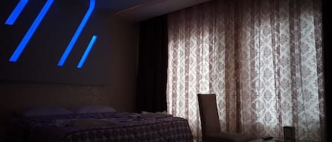 1 bedroom, blackout drapes, soundproofing, iron/ironing board