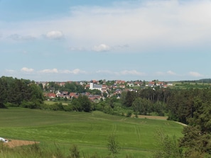 En liten stad på landsbygden med ett markant kyrktorn, omgiven av grönskande fält och bostadshus.