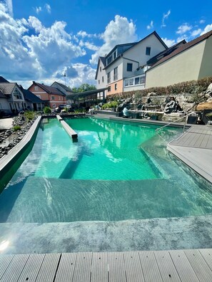 Una piscina con acqua cristallina, circondata da un pontile in legno e un giardino roccioso.