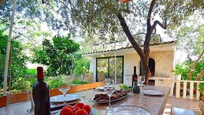 Mesa de comedor al aire libre dispuesta con platos, copas de vino y una botella, rodeada de follaje y un muro de piedra.