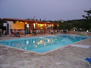 Outdoor pool, pool umbrellas, pool loungers