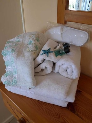 Shower, free toiletries, hair dryer, towels