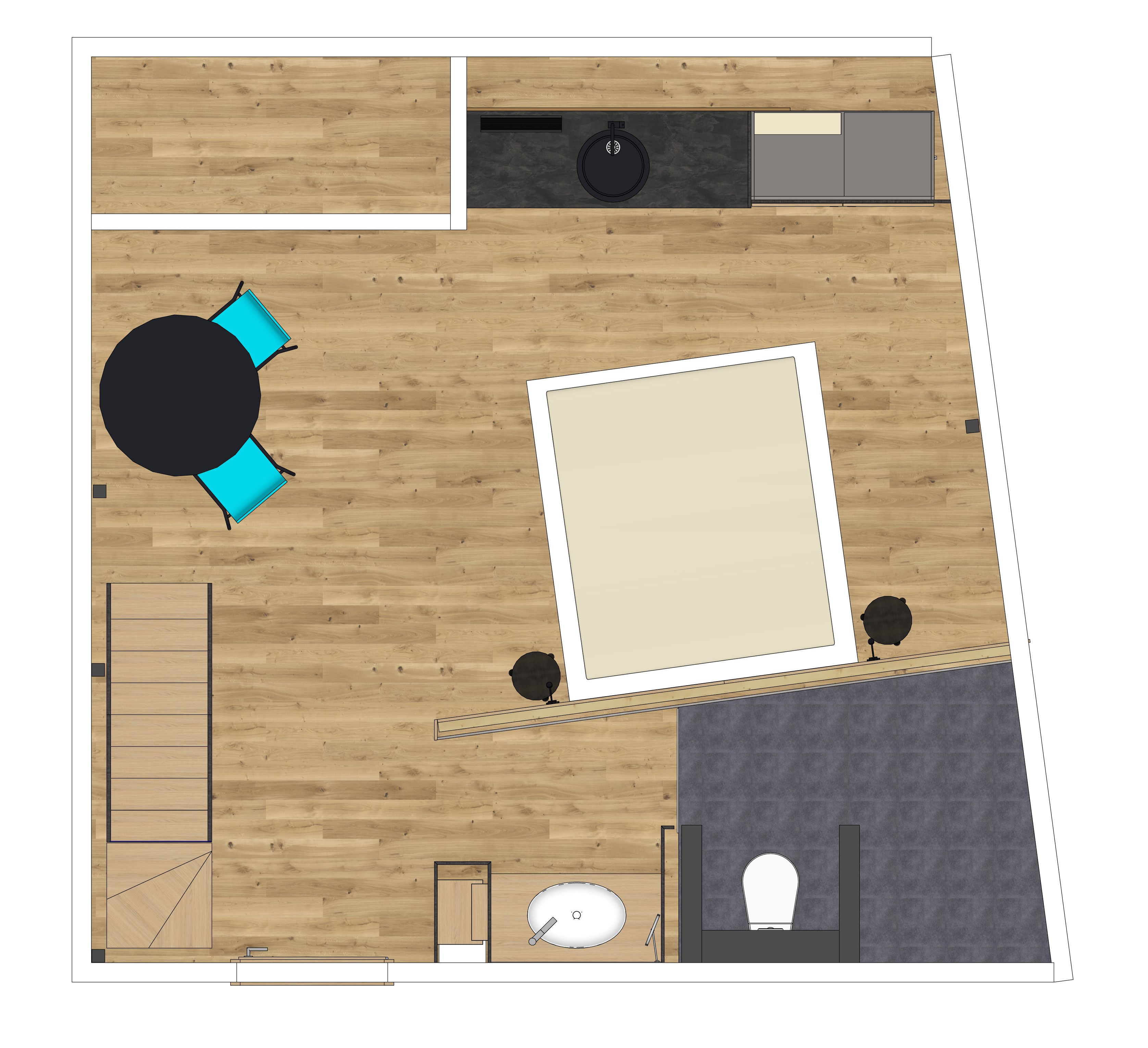 A floor plan of a hotel room with a wooden floor, a bed, a small bathroom, and a seating area with a table and chairs.