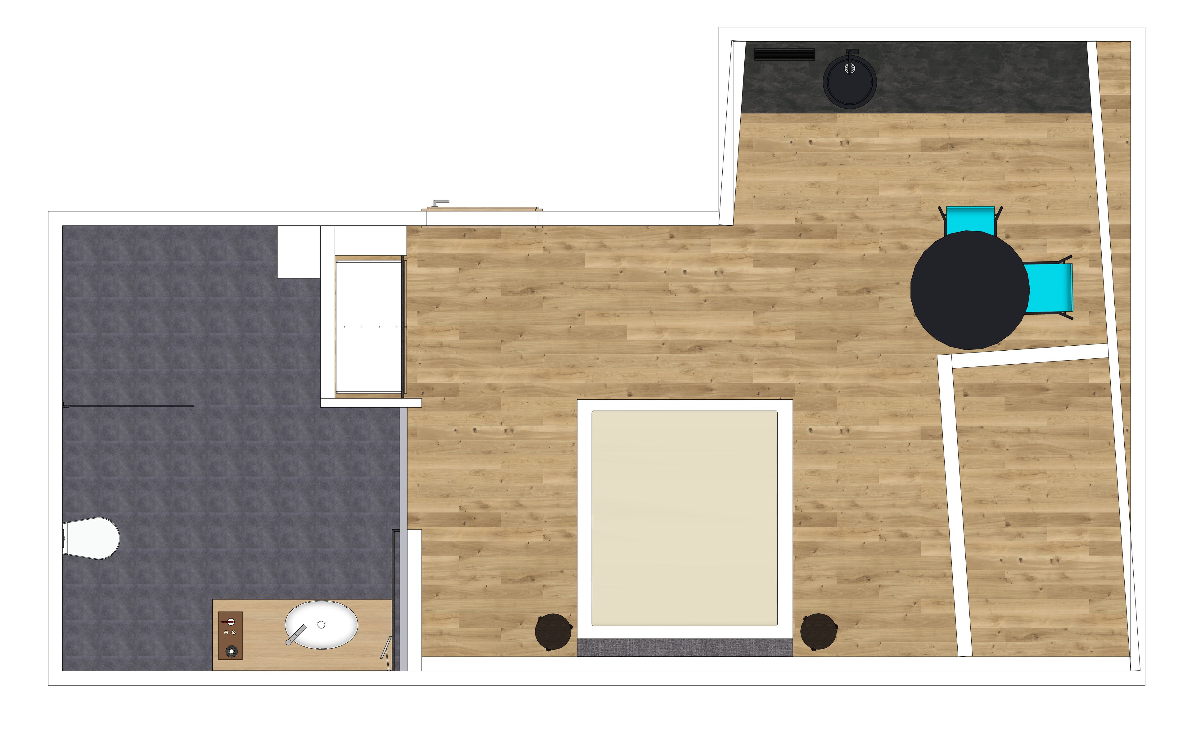 A floor plan of a hotel room with a wooden floor, a bed, a desk, a chair, a small bathroom, and a window.