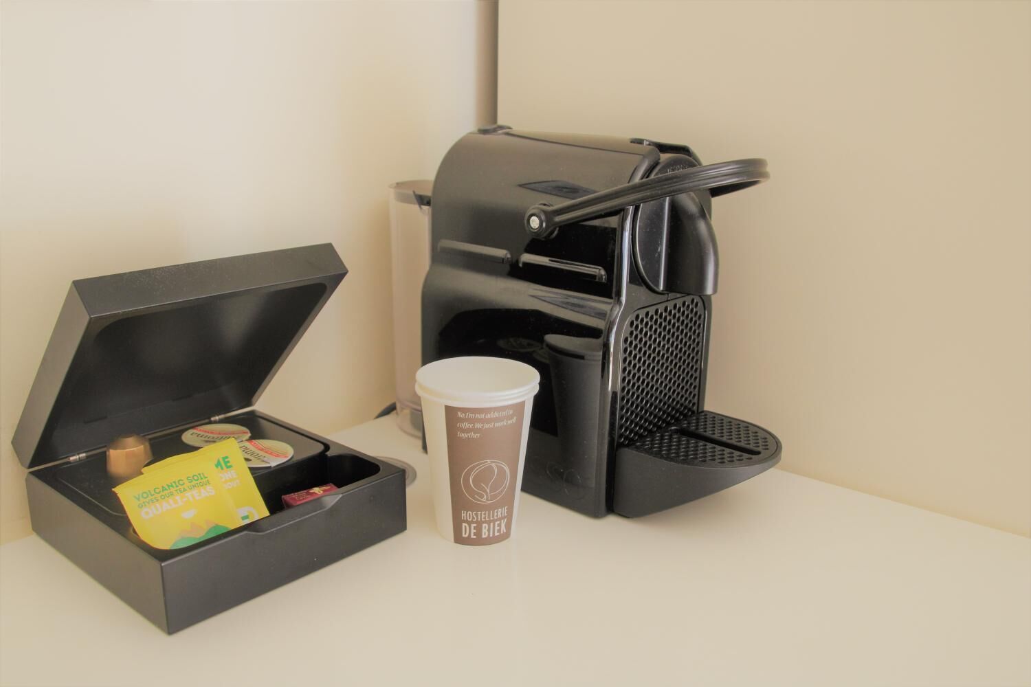 fridge, espresso maker, coffee/tea maker, electric kettle