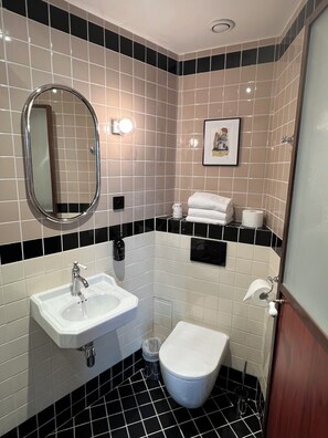 Un baño con lavamanos blanco, inodoro y espejo. Hay una imagen en la pared y un perchero para toallas.