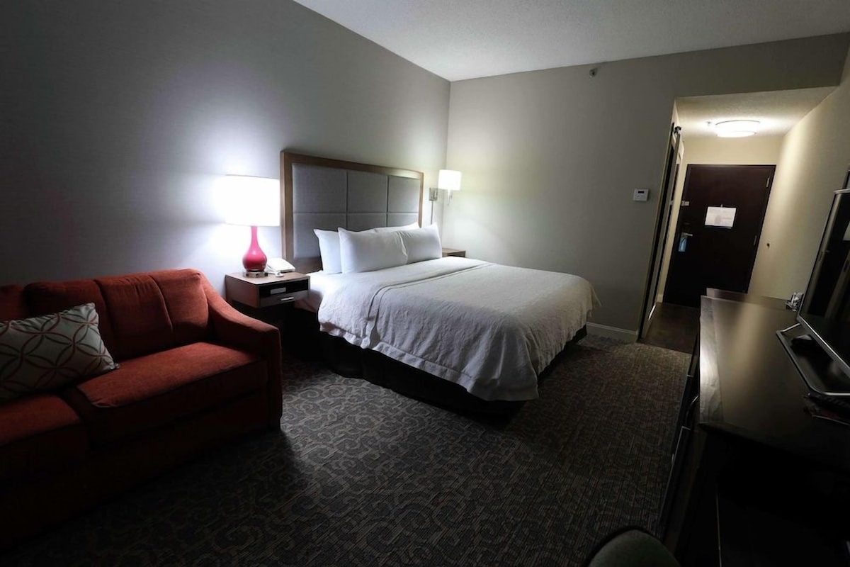 Una habitación de hotel con cama, un sofá rojo, un escritorio con lámpara y televisión.
