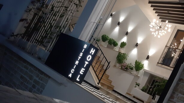 Une entrée d’hôtel moderne avec un escalier, des plantes en pot et une enseigne indiquant « HÔTEL BISTROCA ».