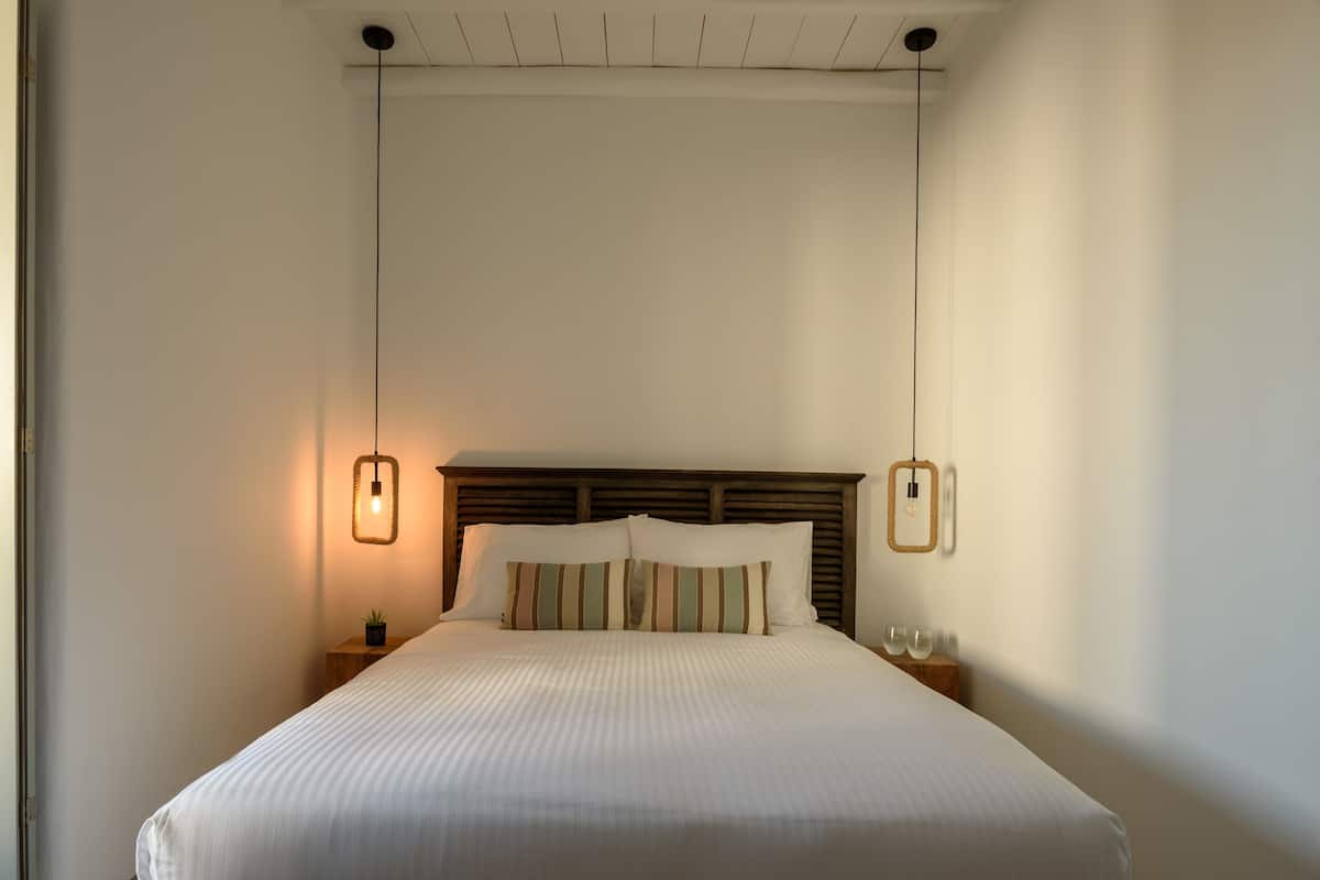 A large, neatly made bed with a wooden headboard, two bedside tables with lamps, and a small potted plant on one table.
