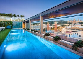 Seasonal outdoor pool, pool umbrellas, pool loungers