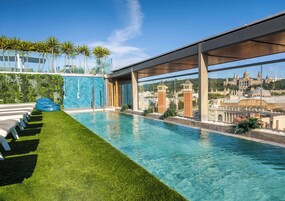 Seasonal outdoor pool, pool umbrellas, pool loungers