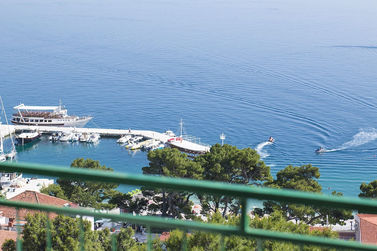 A marina with boats docked, a jet ski in the water, and a view of the surrounding area including trees and buildings.