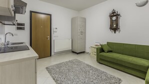 Eine moderne Küche mit Spüle, Schränken und einem grünen Sofa in einem Wohnbereich.