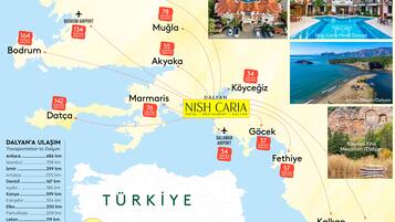 Mapa que destaca los tiempos de viaje a diferentes destinos desde el Hotel Niş Cara Dalian.