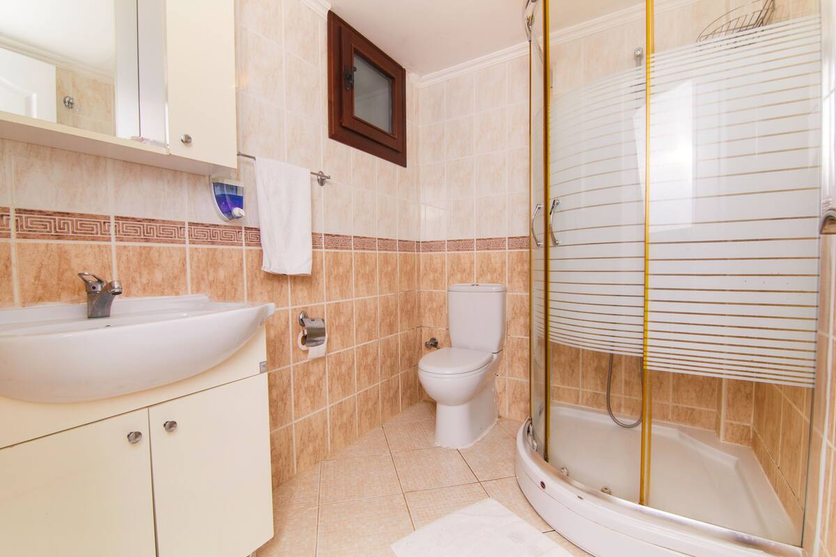 family room | bathroom | shower, hydromassage showerhead, free toiletries, hair dryer
