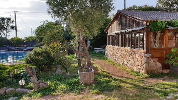 Una casa de madera rústica con paredes de piedra, un porche cubierto y vista a una piscina.