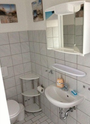 Shower, hair dryer, towels - Ferienwohnungen, Monteurwohnungen & Pension FEWO Helmstedt (Helmstedt)