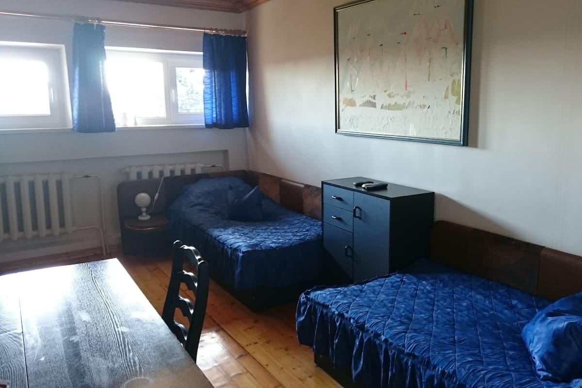 A room with two beds, a desk, a radiator, and a cabinet.